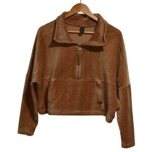 Prana Woman's Fleece Half Zip Oversized Cropped Brown Pullover Size Large